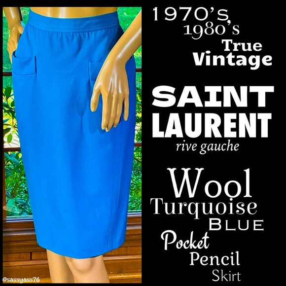 ▪️VTG▪️SAINT LAURENT RIVE GAUCHE▪️1970's 1980's Wool Turquoise Blue Pocket Skirt - Picture 1 of 5